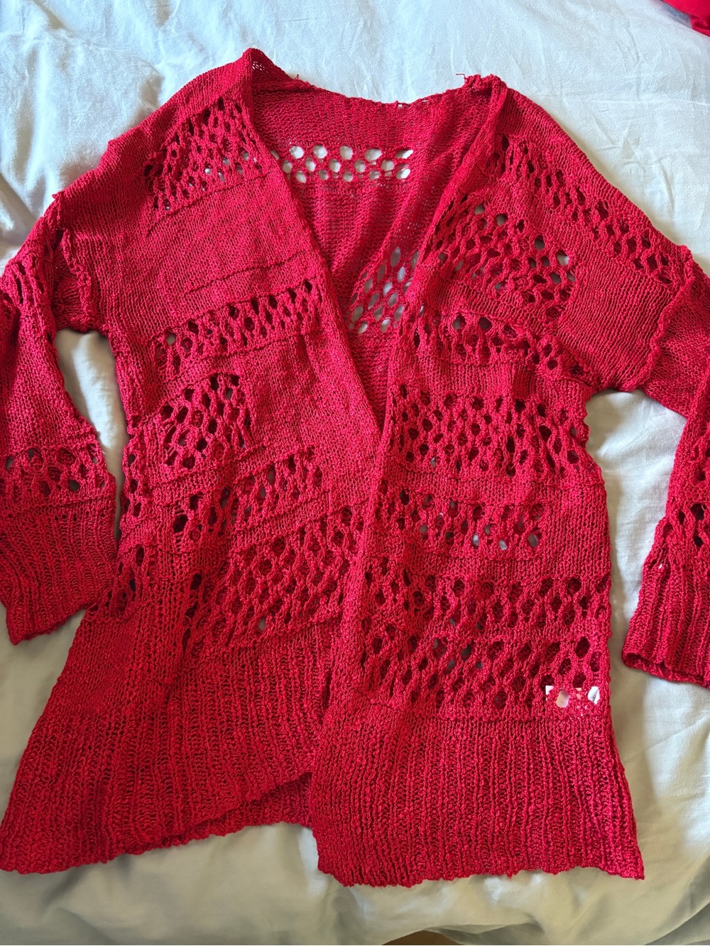 Red Open-Knit Women's Sweater Cardigan